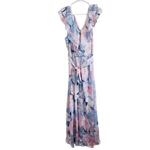 DKNY Floral Ruffle Collar V-Neck Short Flutter Sleeves Tie Waist Maxi Dress 20W